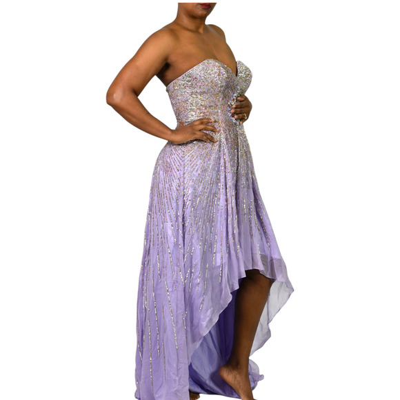 Sherri Hill Silk Dress Purple Sequin Sweetheart Hi Low Strapless Gown Formal 8 - Picture 11 of 16